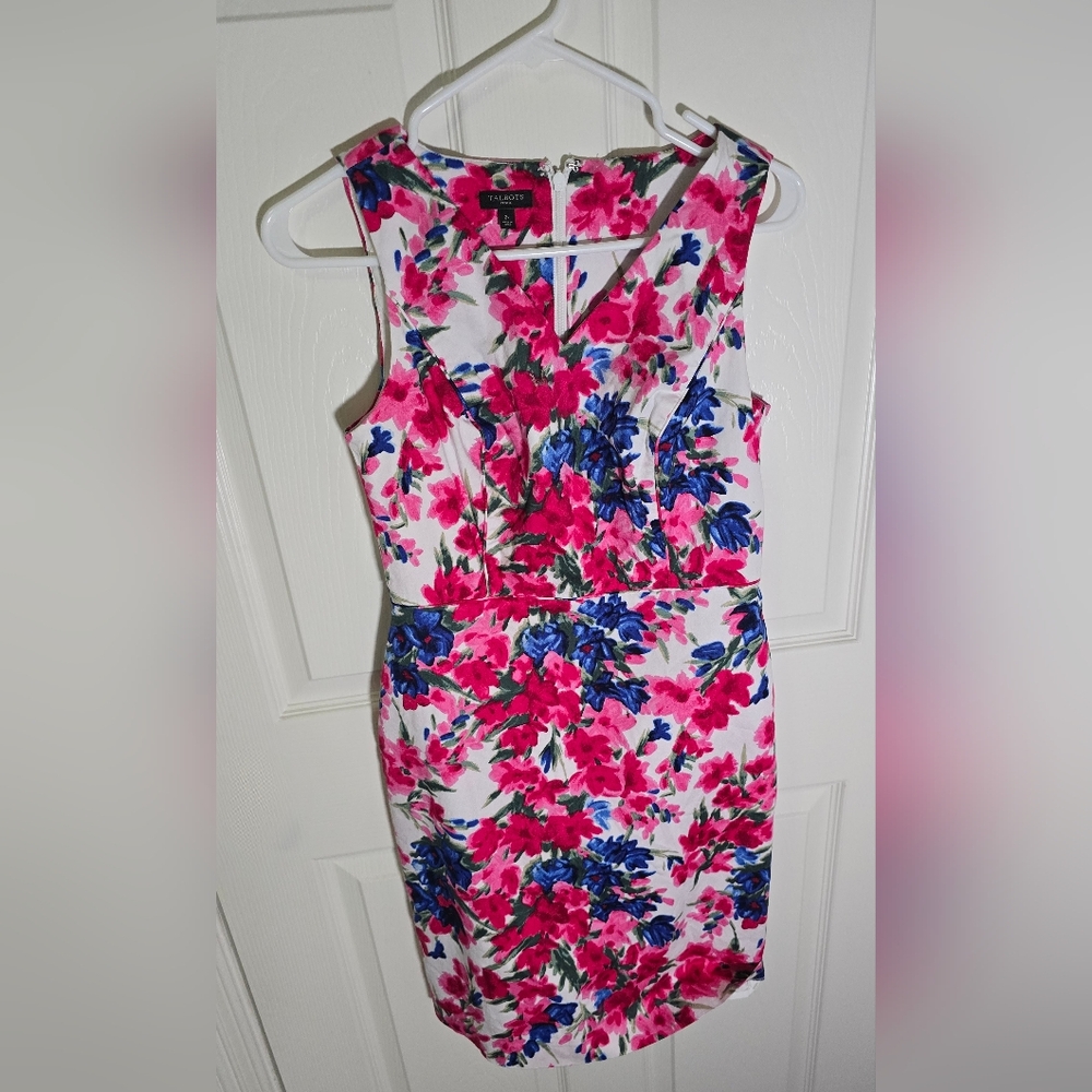 Talbots Womens Petite Pink Blue Floral Sleeveless V Neck Sheath Dress 2P